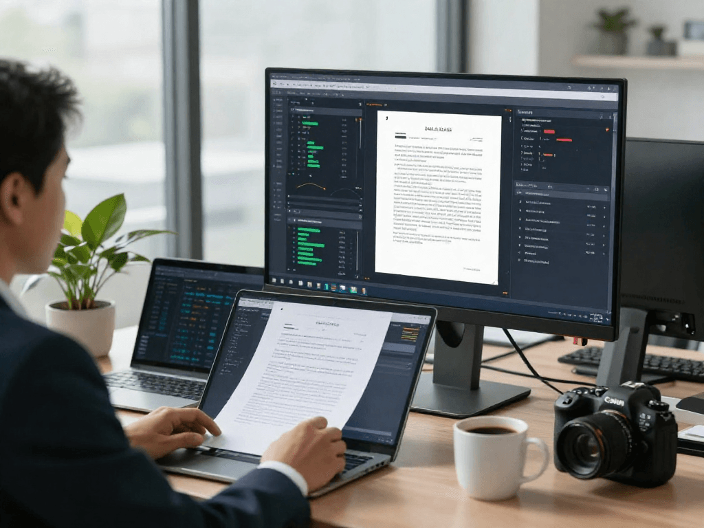 Compliance officer analyzing document fraud detection results in a modern office.