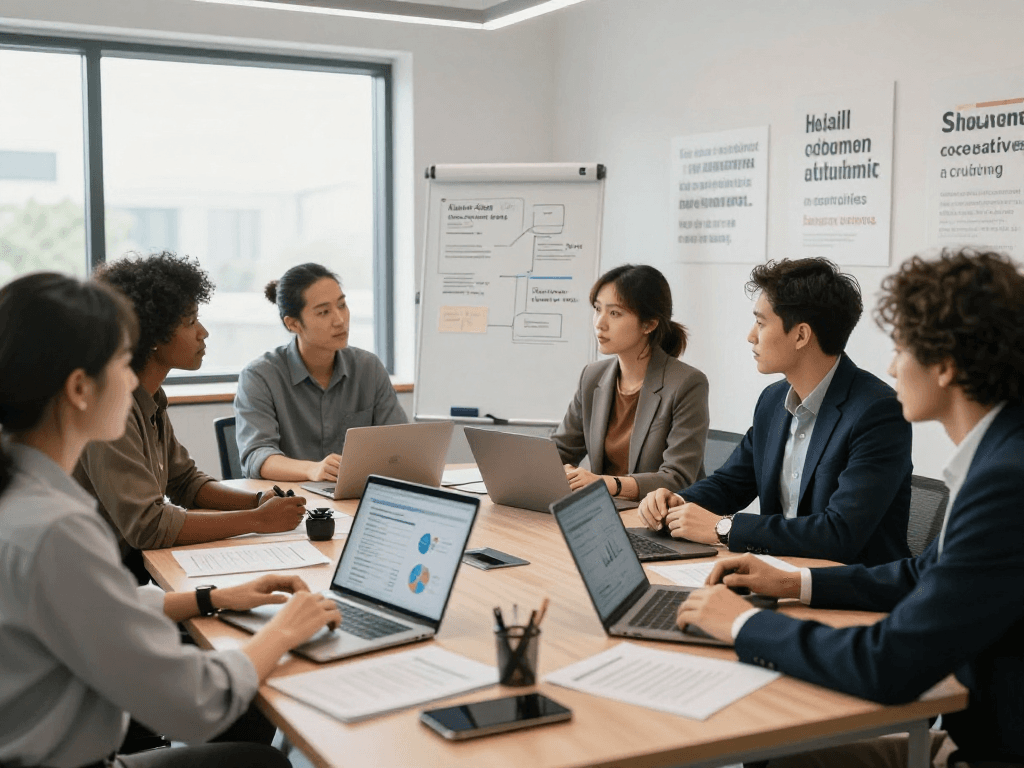 Wirtschaft und Verwaltung Wohnungsbaugenossenschaften – Teammeeting zur Datenschutz- und Barrierefreiheit.
