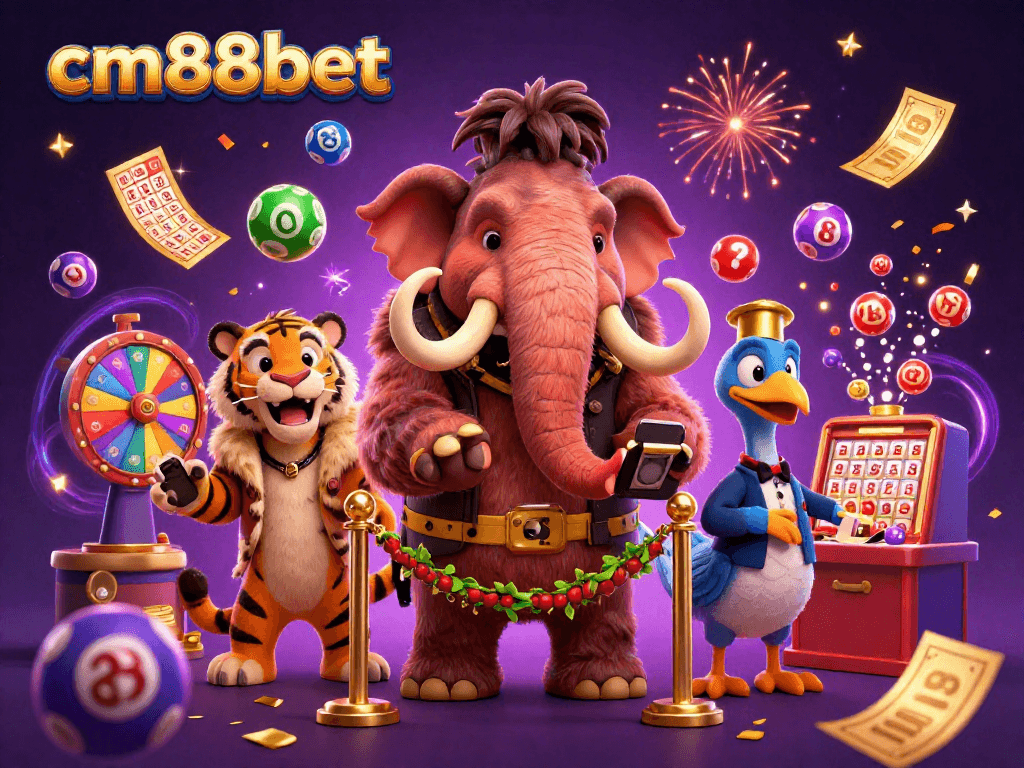 Join the excitement at cm88bet, where a woolly mammoth bouncer checks IDs at a lively casino entrance.