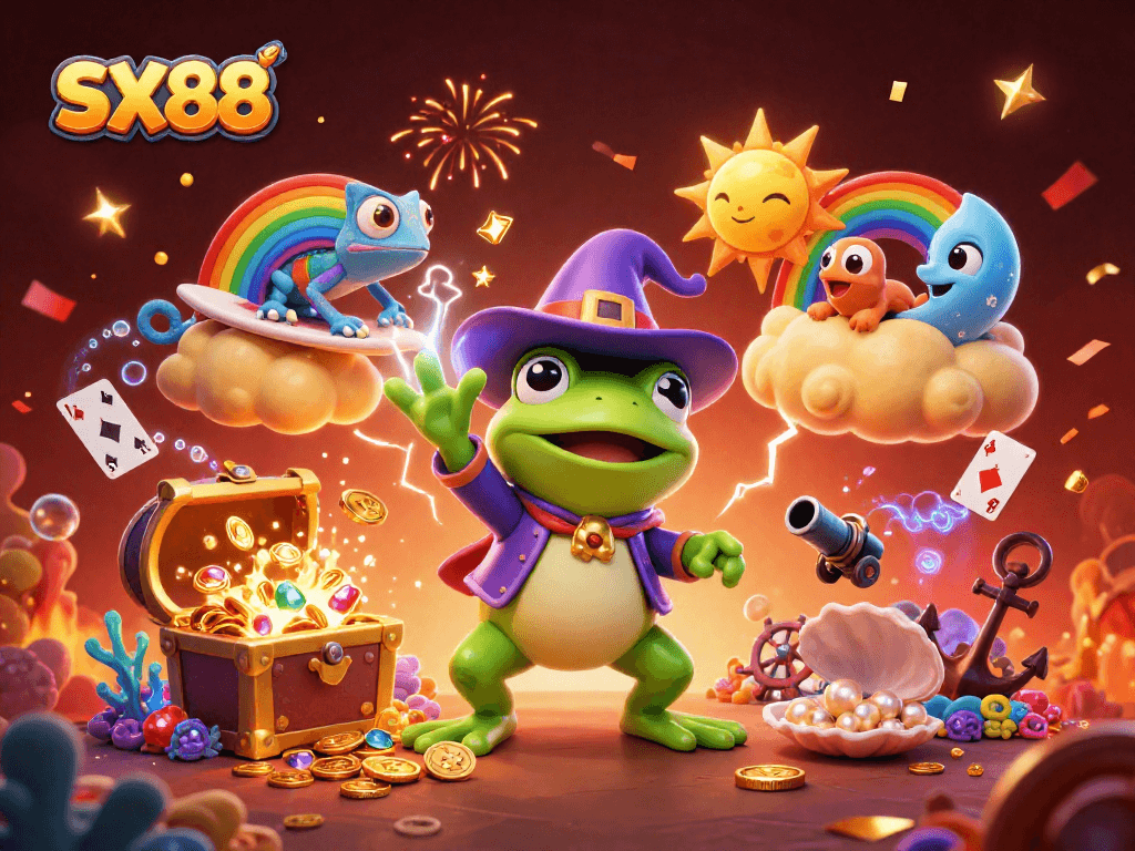 SX88 players win rewards in a vibrant digital casino scene filled with golden coins and gaming elements
