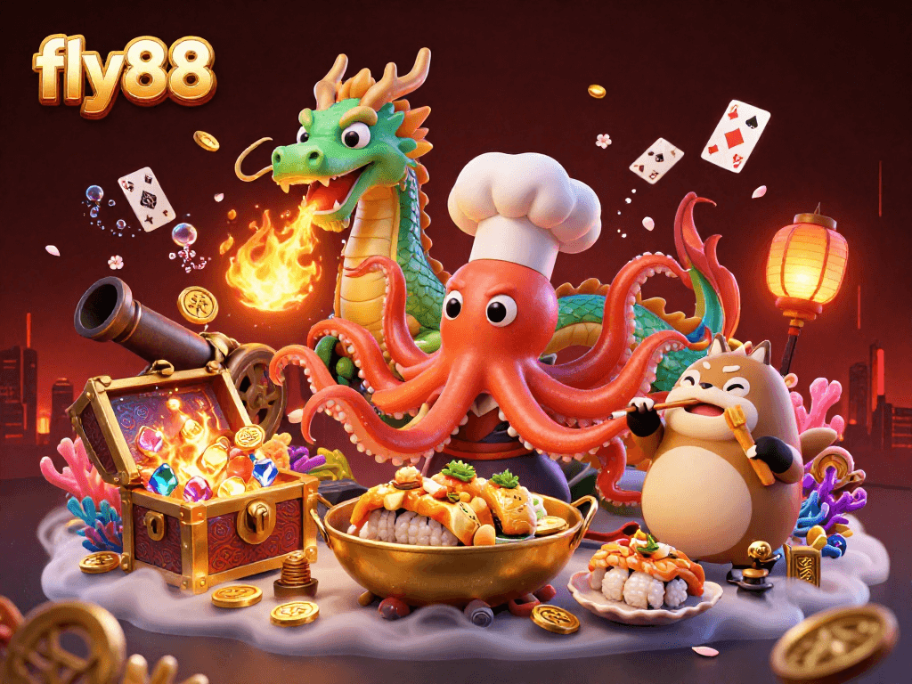 Experience fly88's thrilling casino adventure as a sushi chef octopus prepares golden delights amidst treasure and colorful gems.