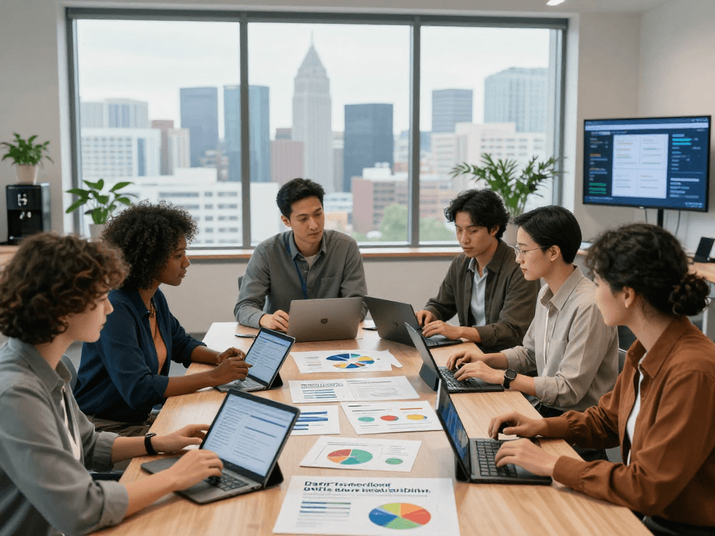 Wirtschaft und Verwaltung Wohnungsbaugenossenschaften team collaboration on data protection and accessibility strategies in a modern office.