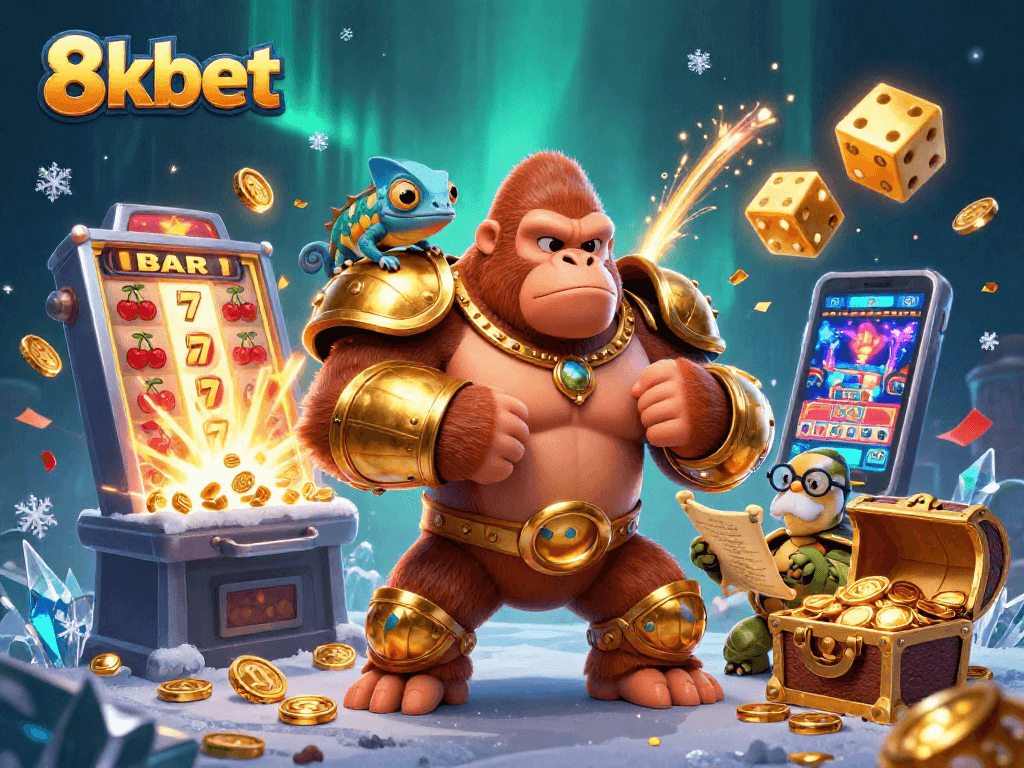 Experience the excitement of 8xbet with a vibrant casino illustration showcasing unique characters and game elements.