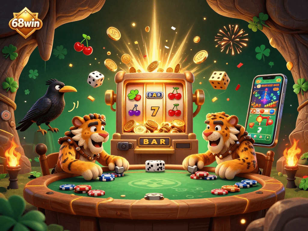 Engage in thrilling gameplay with 68win in a vibrant prehistoric casino scene featuring cavemen, slot machines, and bonus treasures.