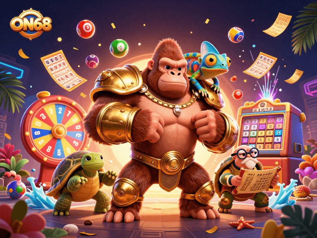 Engage with ON68's exciting lottery experience featuring vibrant characters and game elements.