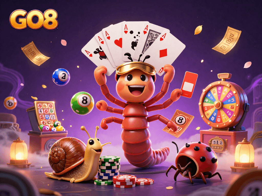 Experience GO8's dynamic gaming excitement with a cartoon millipede dealer and high-roller action.