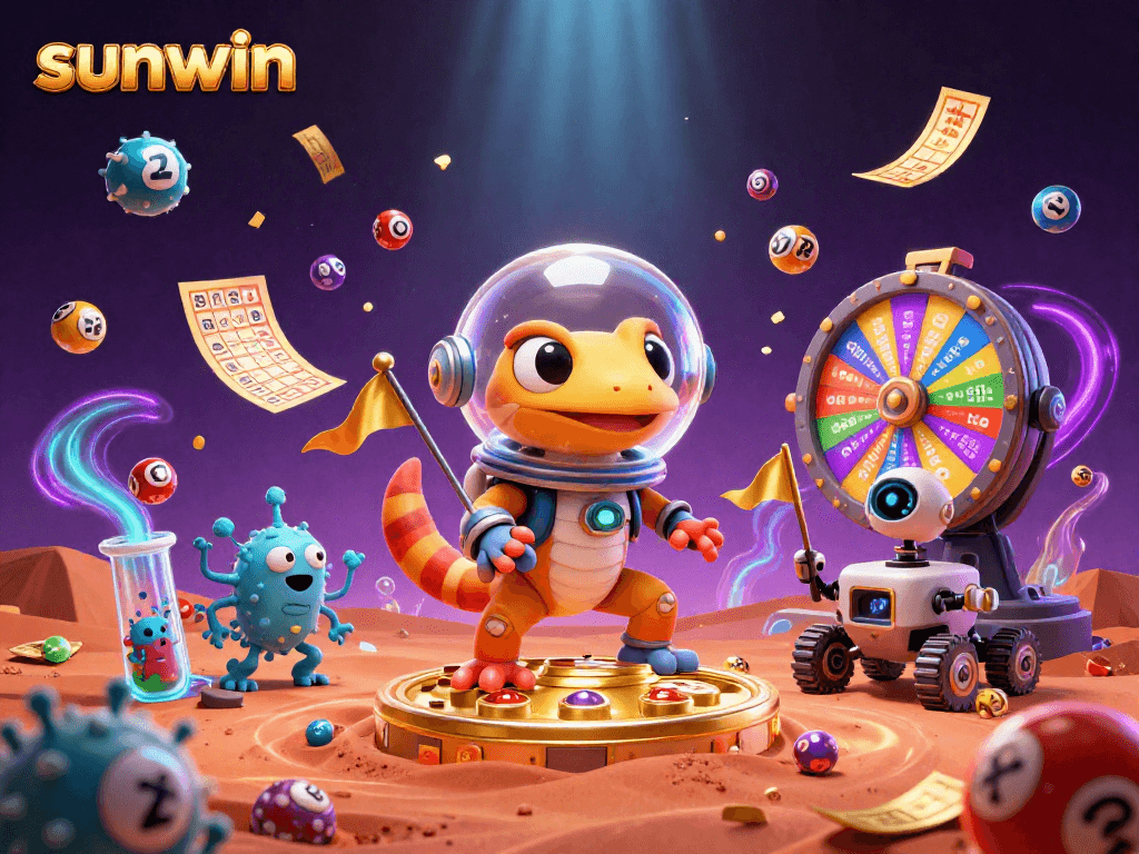 Experience the thrill of winning at sunwin with vibrant lottery and casino elements in a cosmic adventure.