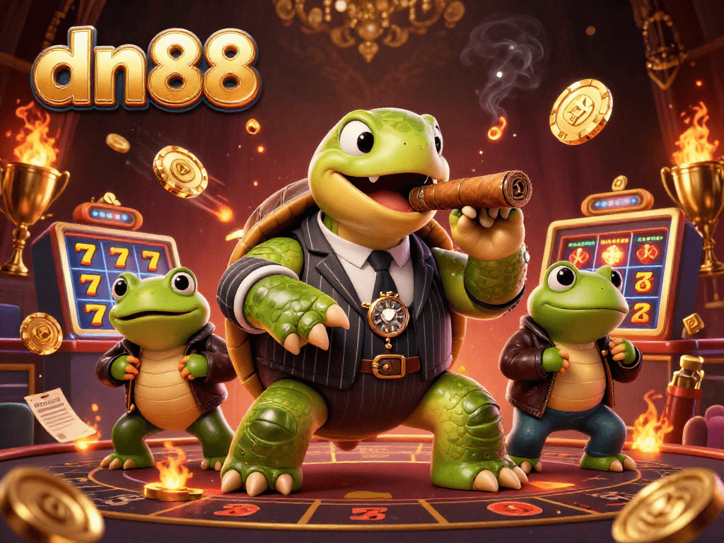Experience thrilling action at dn88 with a giant turtle and bullfrog enforcers in a bustling casino scene.