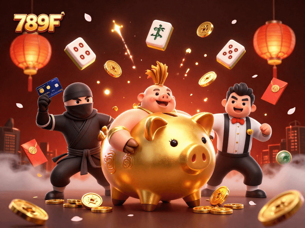 Win big with 789F in this vibrant casino scene featuring dynamic characters and game elements.