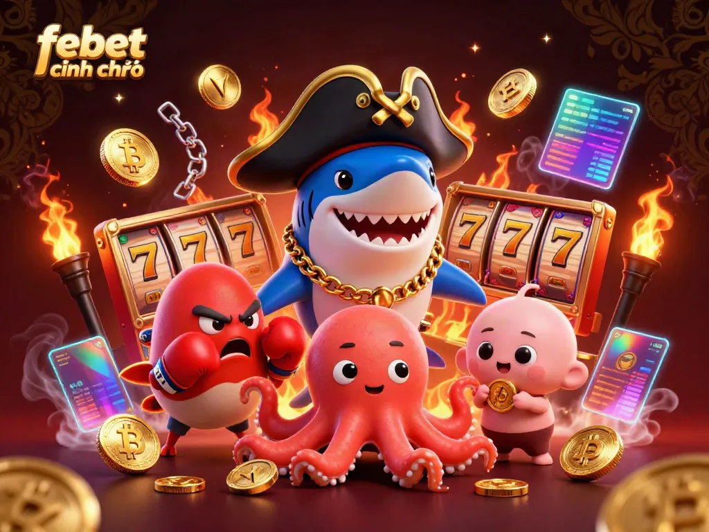 Engage with thrilling slots featuring febet chính chủ, a cartoon shark captain, a boxing pufferfish, and an octopus with gold coins.