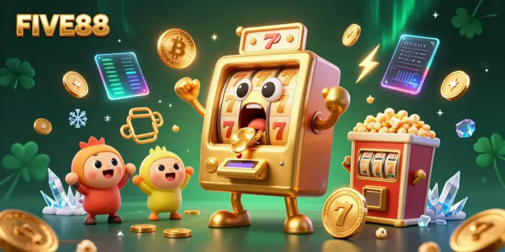 FIVE88 slot machine celebrating a jackpot as coins pour out, surrounded by cheering baby slots and crypto elements.