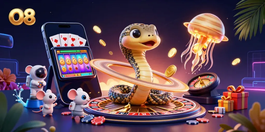 Experience thrilling gameplay on O8 with a vibrant cosmic casino scene filled with animated characters and dynamic betting elements.