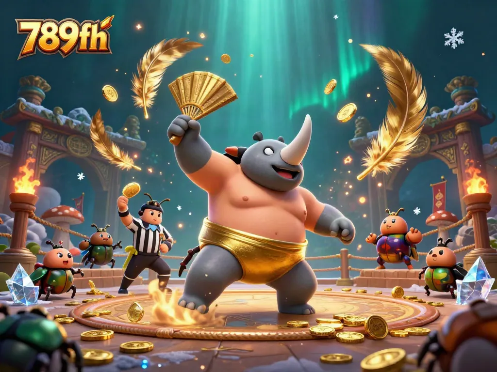Experience the excitement of 789fh as a rhinoceros beetle sumo champion launches golden coins in a dynamic casino scene.