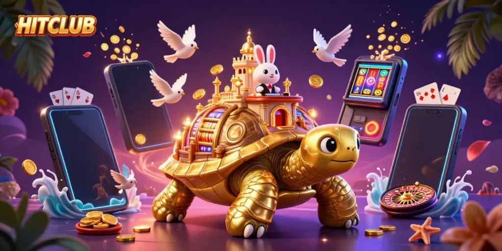 Experience the excitement of HITCLUB with a vibrant illustration featuring a golden tortoise casino and lively characters.