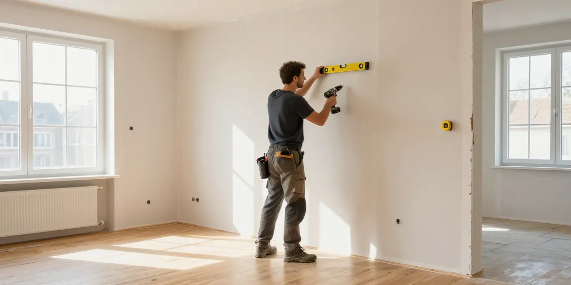 Innenausbau Augsburg: Handwerker installiert Trockenbau in modernem Wohnzimmer mit Werkzeugen.