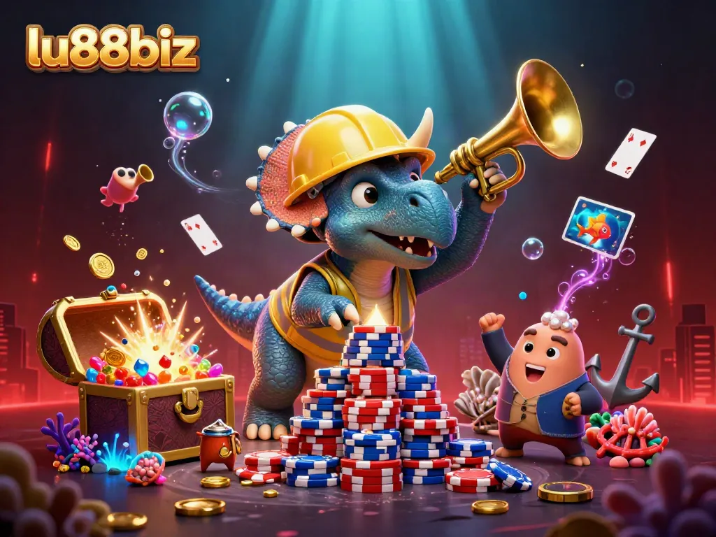lu88biz showcases a vibrant casino gaming scene with a triceratops celebrating winning stacks of chips.
