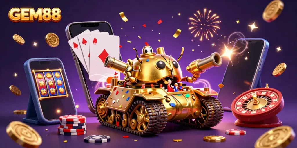 Experience thrilling gameplay at GEM88 with a vibrant casino scene filled with energetic elements.