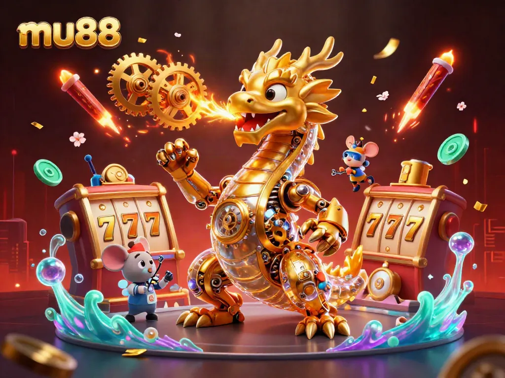 Experience the excitement of mu88 with a golden dragon and game elements in a vibrant illustration.