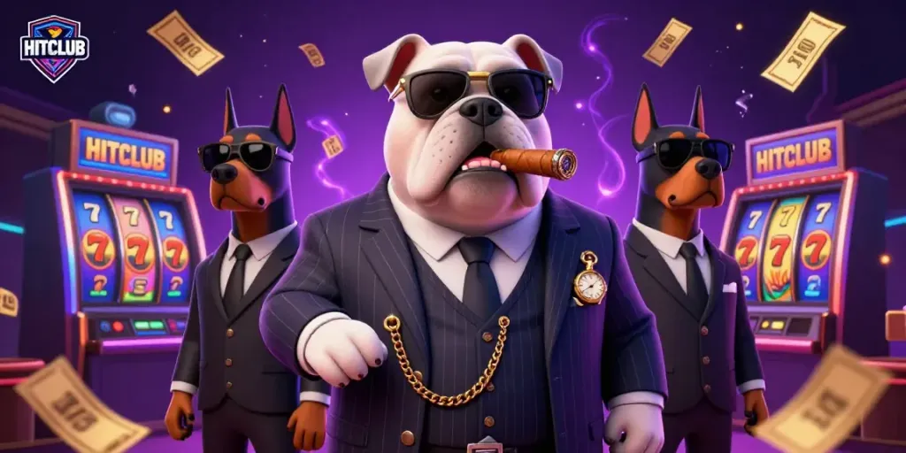 Experience the excitement of HITCLUB with a vibrant 3D casino scene featuring a bulldog mafia boss and dynamic slot game elements.