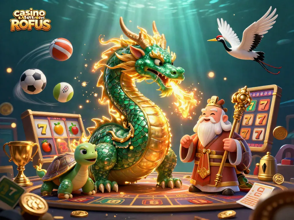 Experience thrilling gaming at casino uden om ROFUS with dynamic visuals of a jade dragon and casino elements.