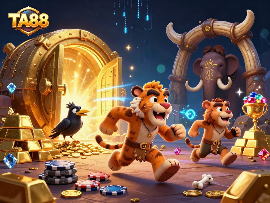 Experience the thrill of TA88 with vibrant casino elements and characters amidst gold treasure.