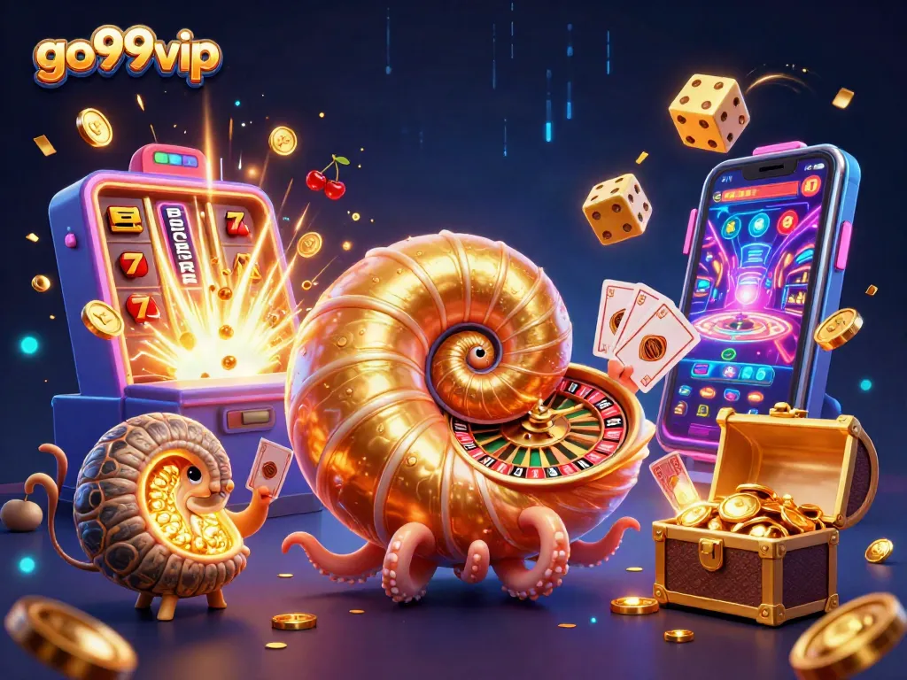 Engage in exciting gameplay at go99vip with vibrant 3D casino illustration featuring a giant nautilus roulette wheel.