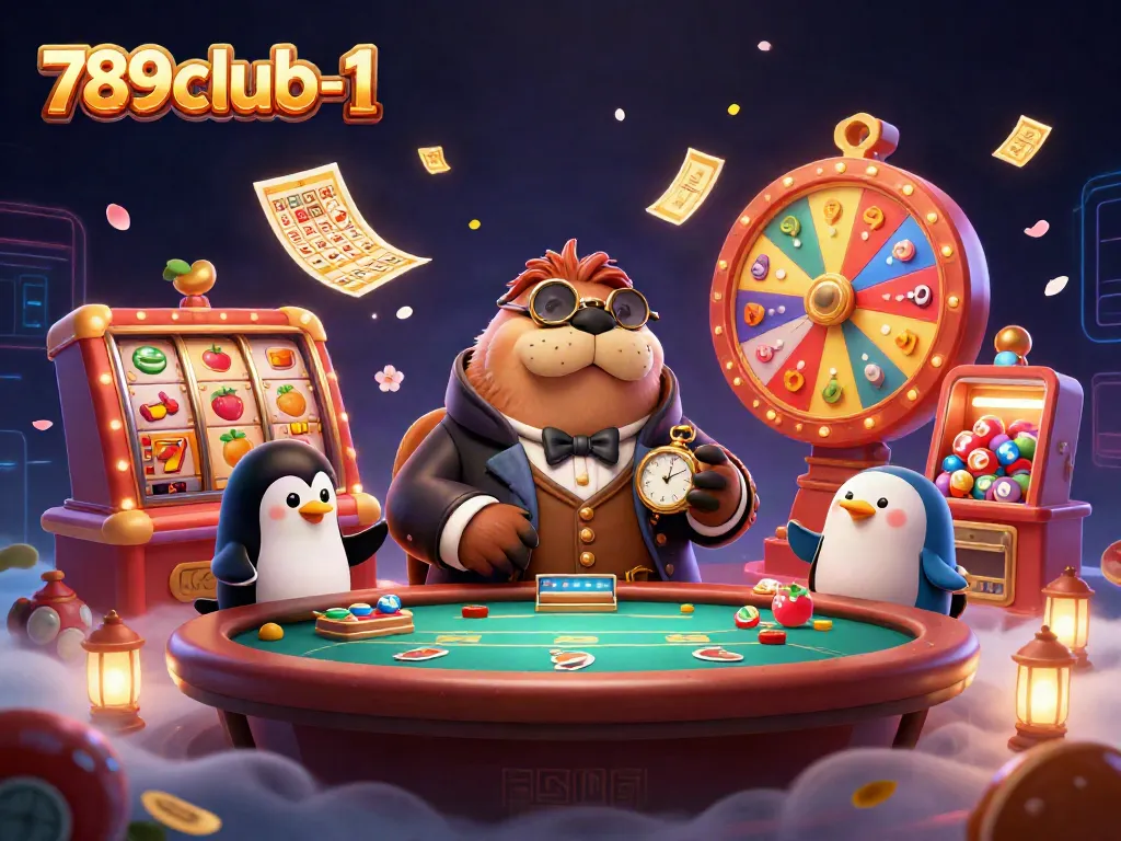 Engage with 789club-1's vibrant 3D casino scene featuring a sophisticated walrus and dynamic gameplay elements.