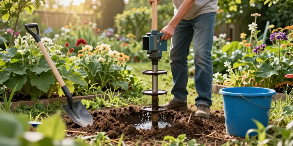 Brunnenbohren im Garten: Person bohrt mit einer Handbohrmaschine in fruchtbarem Boden, umgeben von Pflanzen.