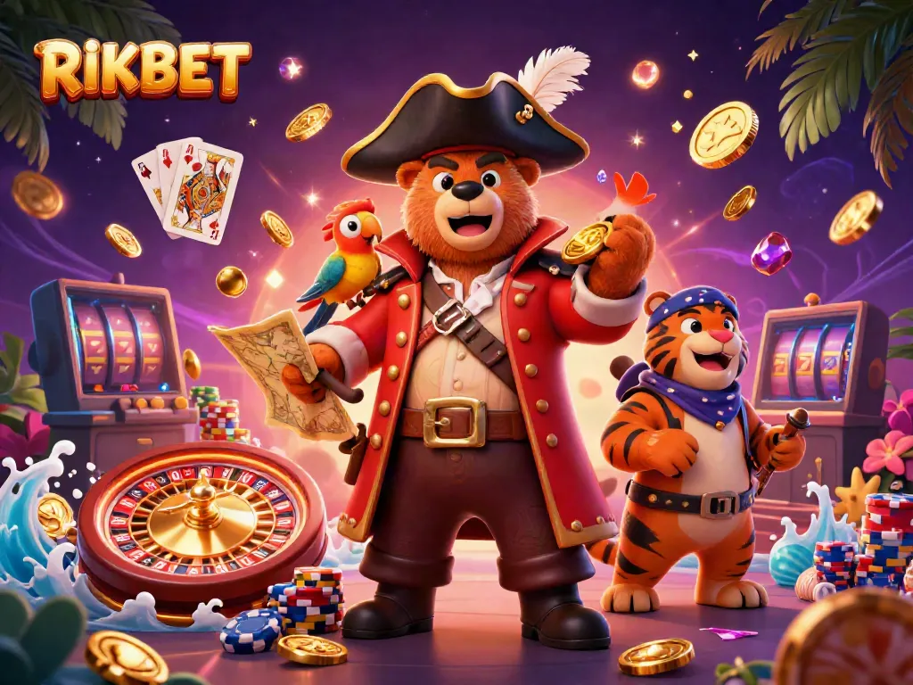 Experience RIKBET's thrilling adventure with pirate captain bear, tiger first mate, and golden treasures from the casino!