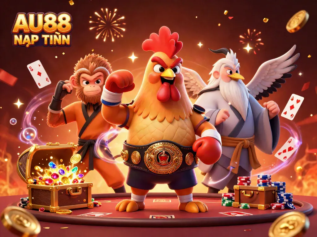 Participate in thrilling gambling at AU88 NẠP TIỀN as vibrant characters celebrate with casino elements.