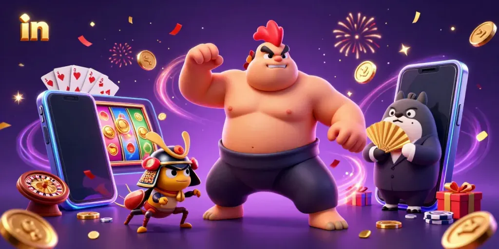 Engaging illustration featuring a powerful sumo rooster and fighting cricket in a dynamic casino-themed scene with vibrant colors.