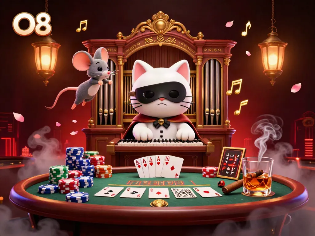 Experience thrilling gaming at the O8 casino with a captivating scene of card games and enchanting characters.