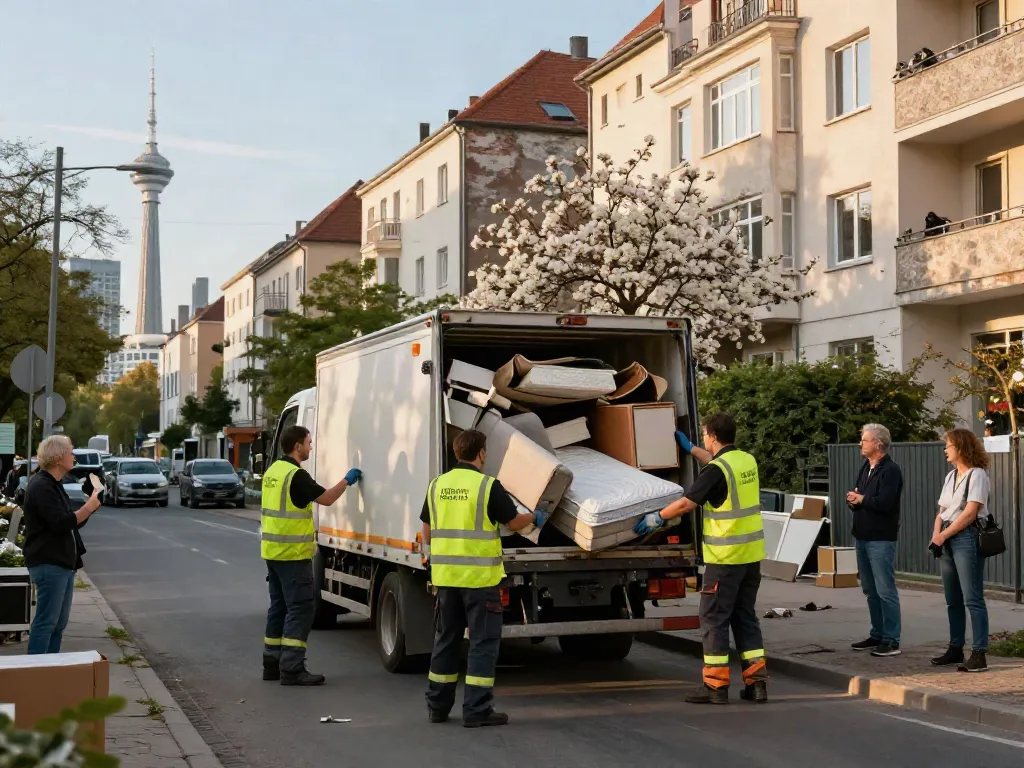Professionelles Team für Sperrmüll Entrümpelung Berlin lädt Möbel in einen Truck.