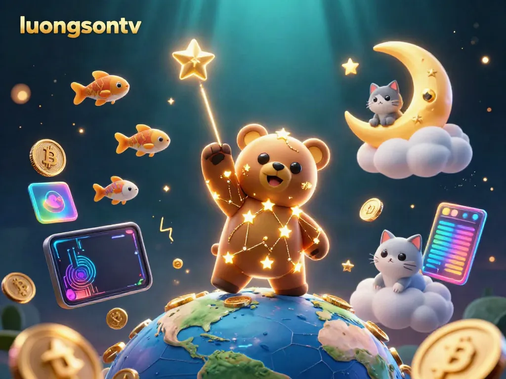Experience thrilling gaming action with luongsontv's immersive 3D illustration of golden star bear gathering coins.
