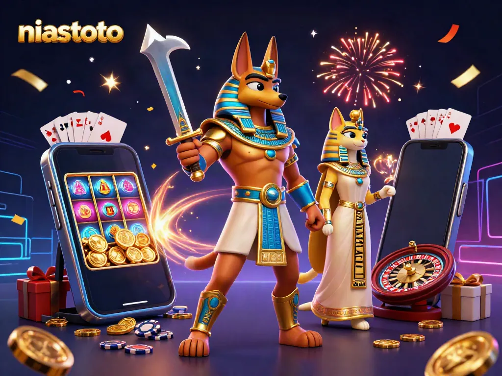 Permainan slot yang berputar tampil memukau dengan niastoto, dikelilingi oleh Anubis dan Bastet, dimeriahkan confetti.