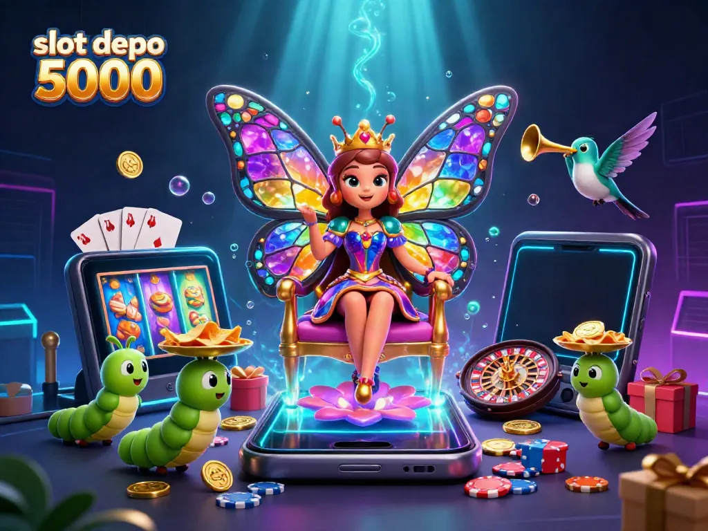 Experience the thrill of slot depo 5000 with vibrant characters and games in this colorful illustration.