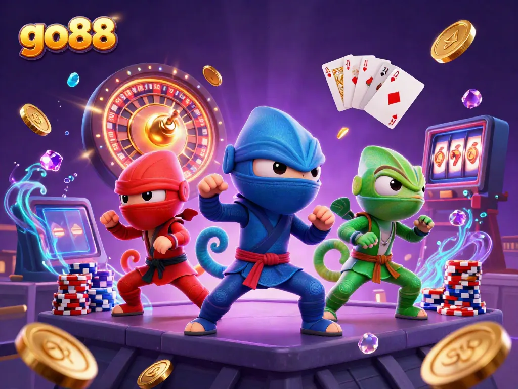 Interact with dynamic games at go88 featuring colorful ninja chameleons amidst golden coins and casino elements.