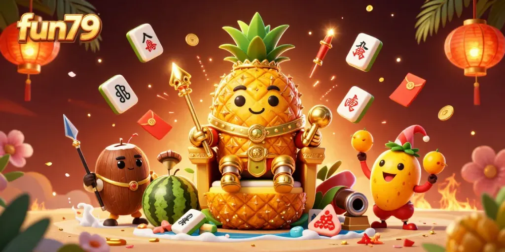 Engage in thrilling casino action at fun79, featuring a vibrant pineapple king amidst exciting gaming elements.