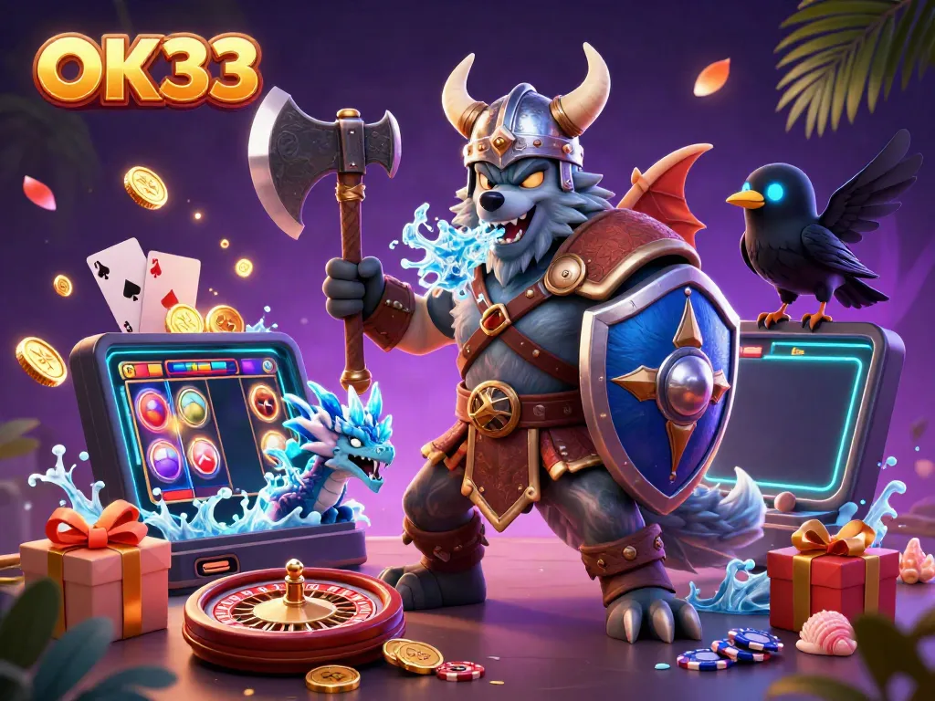 Enter the world of OK33 with a Viking wolf warrior, fierce dragon, and vibrant gaming elements.