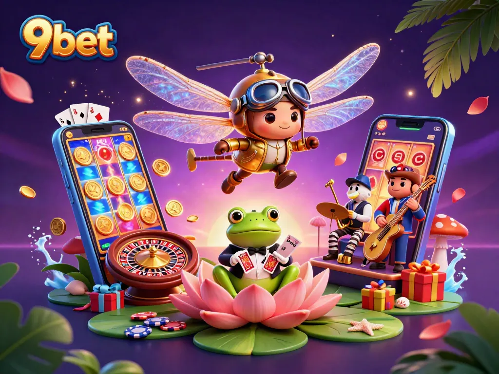 Experience thrilling gameplay with 9bet's vibrant casino scene featuring a dragonfly pilot and engaging games.