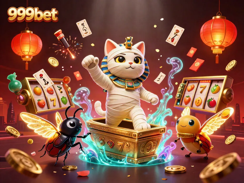 Engage in 999bet's thrilling gaming with an Egyptian mummy cat in a vibrant casino setting.