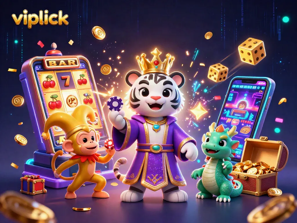 Experience thrill at vipluck casino with vibrant slots and playful characters in a fantasy scene.