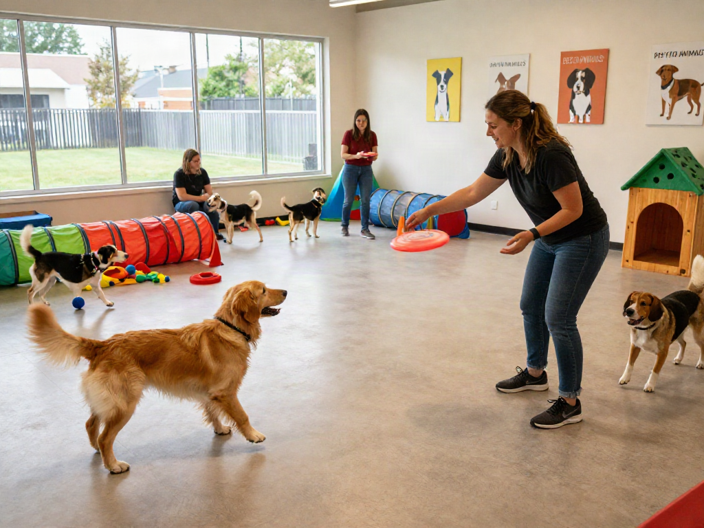 Dogs playing joyfully in a pet daycare as trainers supervise to ensure a safe and fun environment, promoting the concept of deposit 10k for pet ownership.