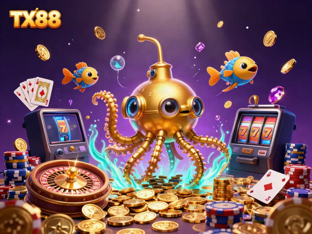 Experience the excitement of TX88 with a golden kraken submarine amidst cascading coins and a dynamic casino scene.