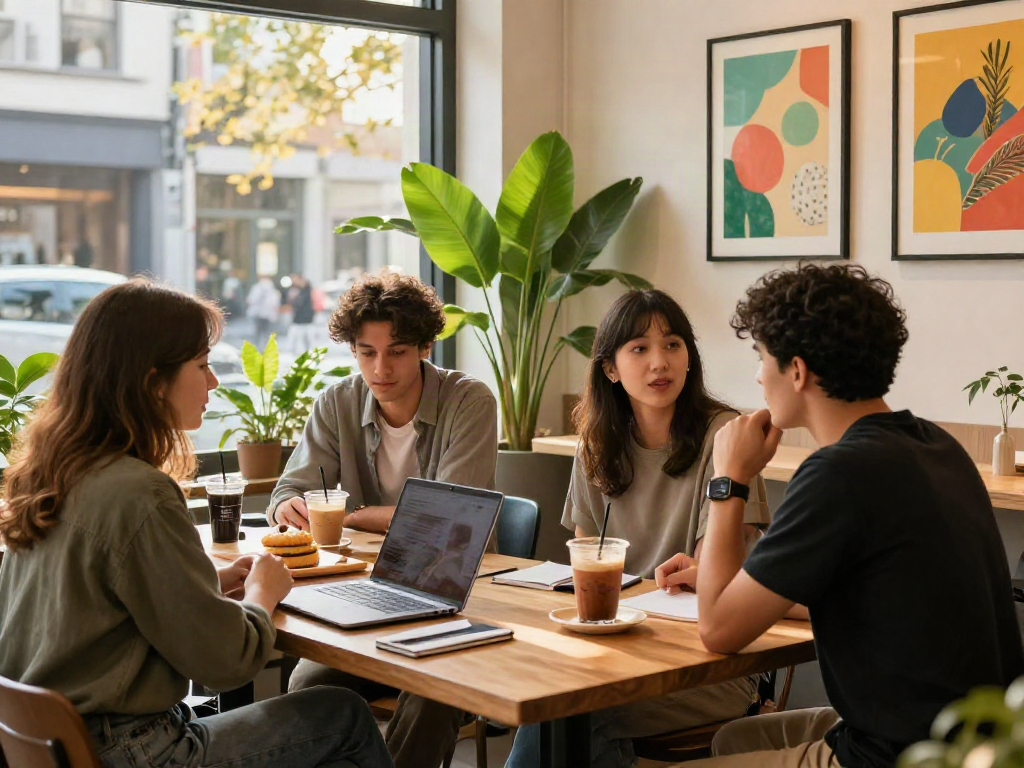 Social cafe scene at rokok88 with young adults enjoying coffee and pastries