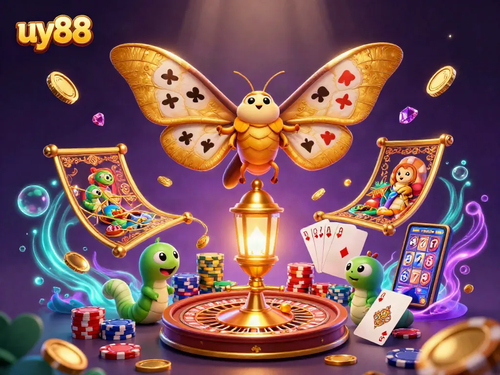 Experience the thrill of uy88 with a vibrant casino illustration featuring spinning roulettes and cascading coins.