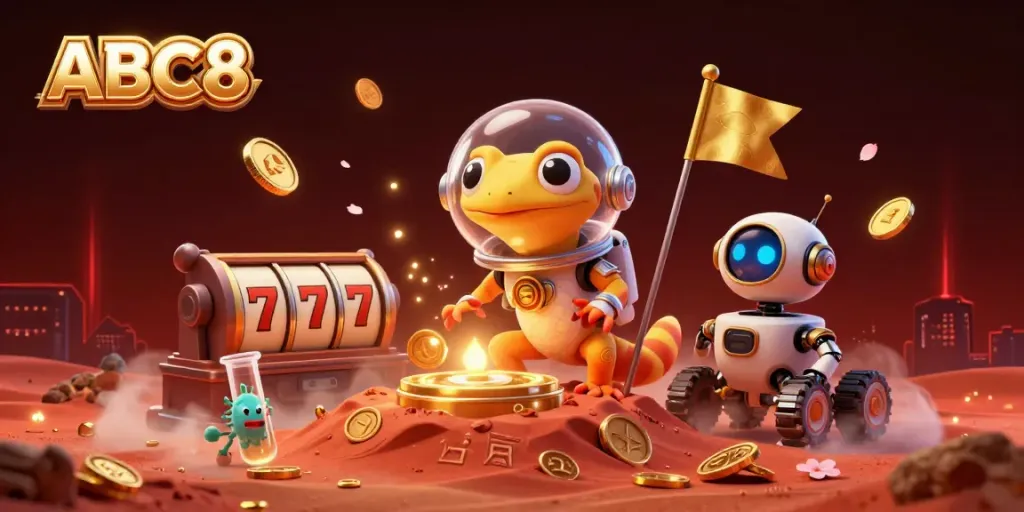 Experience ABC8 with a playful Martian gecko exploring a dazzling casino scene filled with gold and excitement.