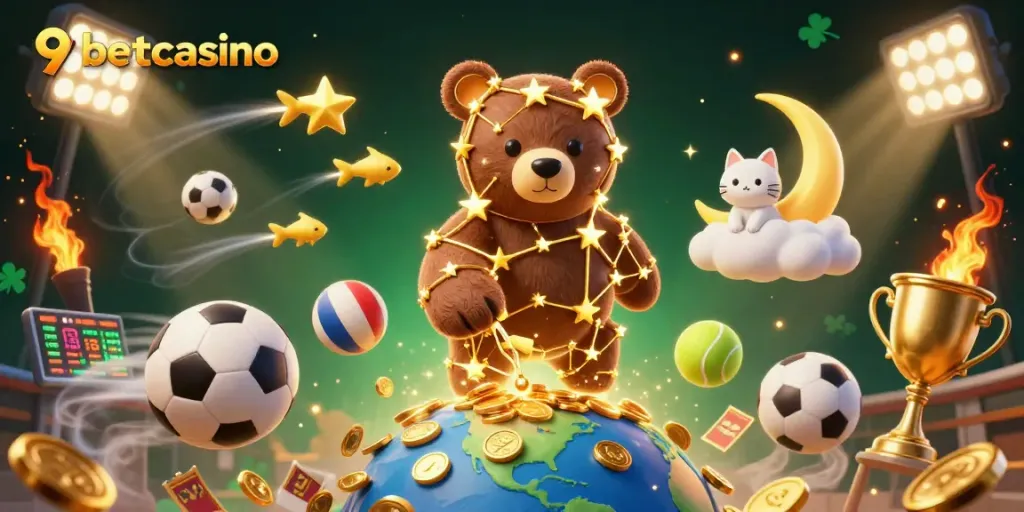 Engage in thrilling gaming at 9betcasino with constellations and vibrant sports elements.