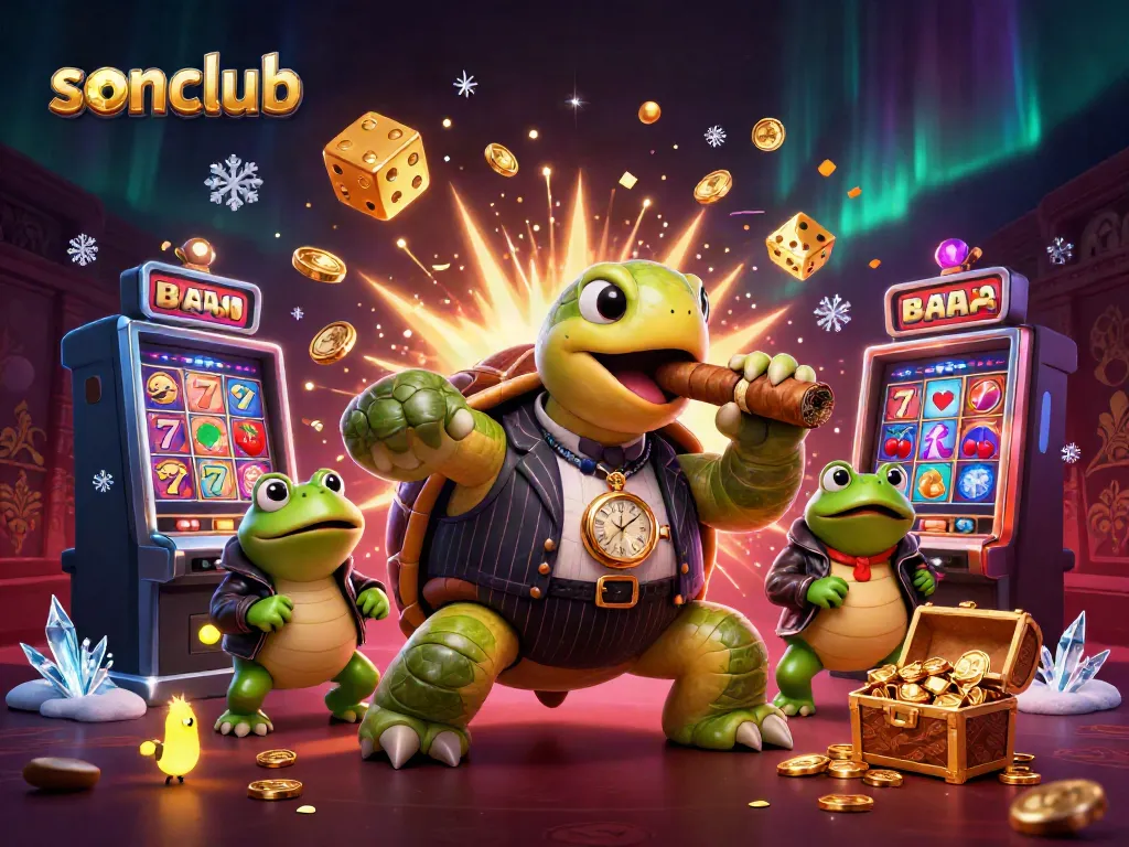 Experience the thrill of gaming at sonclub with a dynamic cartoon casino scene featuring a turtle mobster and bullfrog enforcers.
