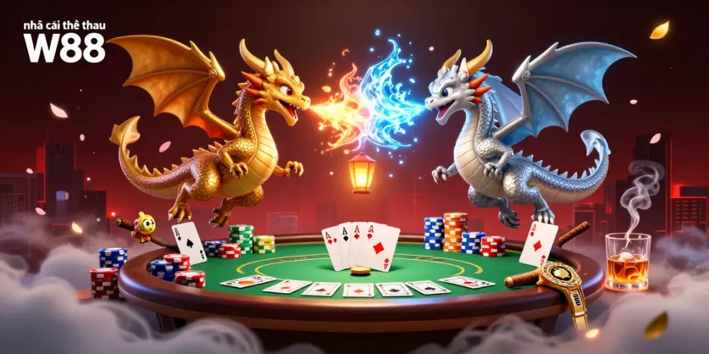 Experience dynamic action at Nhà cái thể thao W88 with fire and ice breathing dragons amidst a vibrant poker scene.